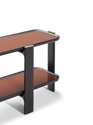 Bibliothèque design haut de gamme DUO par Poltrona Frau, structure frêne massif avec étagères modulables et finitions bronze fumé, disponible chez D-Style Interior