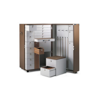 Bibliothèque design haut de gamme Oceano par Poltrona Frau, malle-bibliothèque en cuir Pelle Frau® avec bureau rabattable, disponible chez D-Style Interior