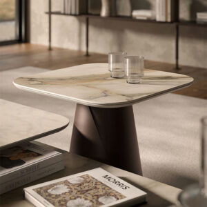 Table basse design haut de gamme Albert Keramik S par Cattelan Italia, plateau céramique Marmi avec base conique métallique, disponible chez D-Style Interior.