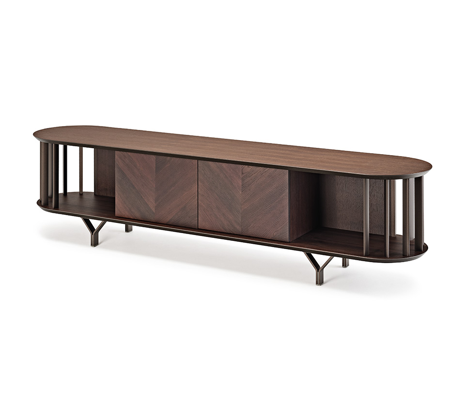 Meuble TV design haut de gamme Costes TV par Cattelan Italia, structure bois avec inserts métalliques bronze, disponible chez D-Style Interior