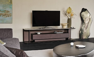 Meuble TV design haut de gamme Award par Cattelan Italia, plateau céramique Marmi et structure bois laqué, disponible chez D-Style Interior