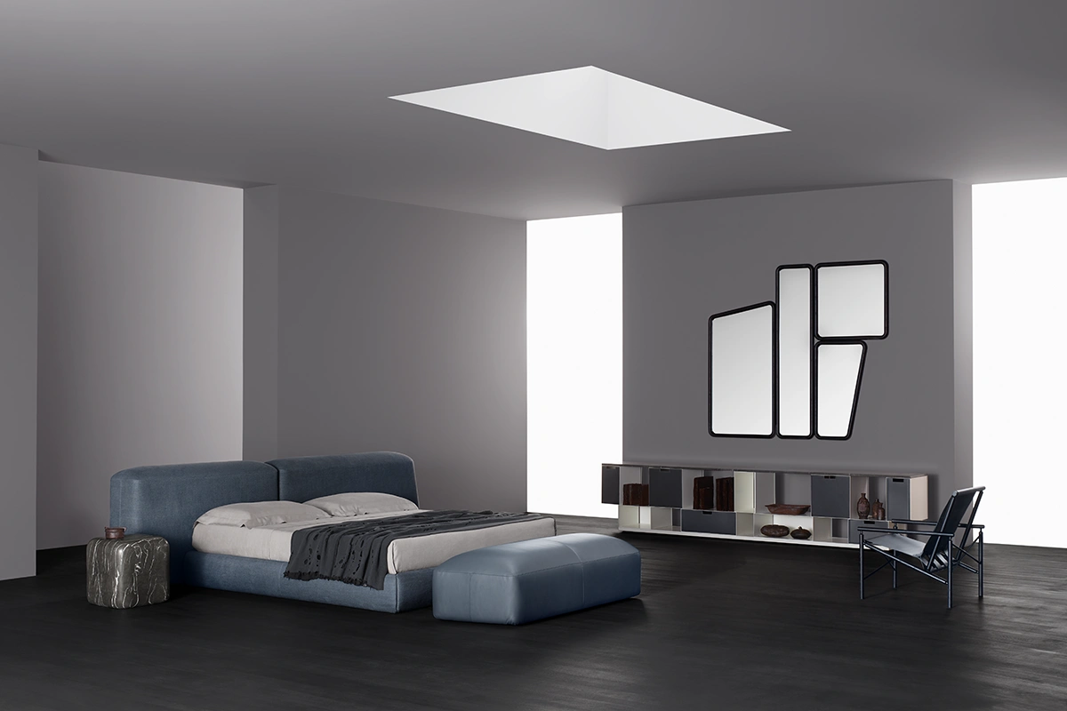 Le lit Lapis d’Amura Lab associe design sculptural, confort mémoire de forme et raffinement italien. Disponible chez D-Style Interior.