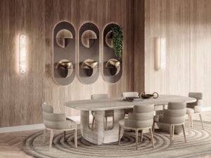 Bibliothèque murale Chloé de Vittoria Frigerio — une pièce sculpturale en cuir et métal qui allie lumière, forme et élégance italienne. Disponible chez D-Style Interior.