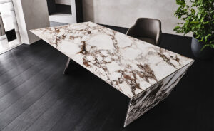 NASDAQ Keramik Bureau design au style monolithique avec plateau en céramique Marmi et structure en acier laqué gaufré. Disponible chez D-Style Interior.