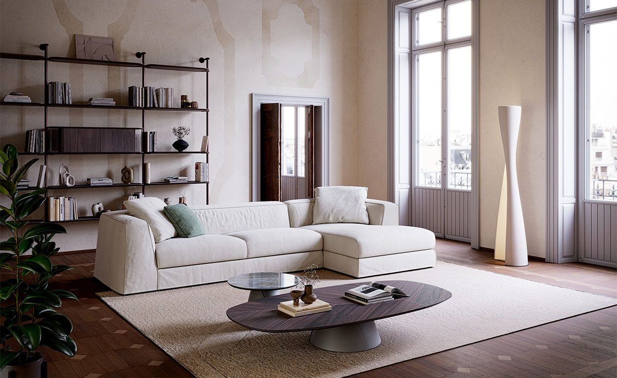 MYKONOS Canapé modulable néoclassique avec coussins généreux et appuis-tête cylindriques pour un confort optimal. Disponible chez D-Style Interior.