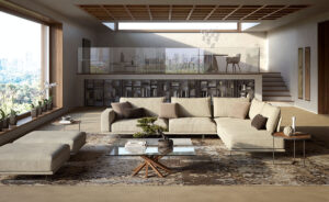 HARRISON Canapé design minimaliste avec assise suspendue et dossiers hauts, personnalisable en tissu ou cuir. Disponible chez D-Style Interior.