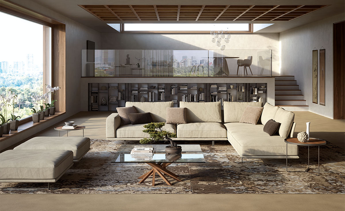 HARRISON Canapé design minimaliste avec assise suspendue et dossiers hauts, personnalisable en tissu ou cuir. Disponible chez D-Style Interior.