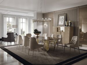 Alfieri table design haut de gamme par Vittoria Frigerio avec plateau en marbre biseauté et piétement métallique graphique. Disponible chez D-Style Interior.