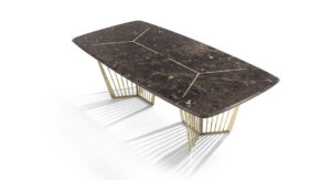 Alfieri table design haut de gamme par Vittoria Frigerio avec plateau en marbre biseauté et piétement métallique graphique. Disponible chez D-Style Interior.