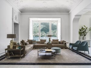 Araldo table basse design haut de gamme en cuir cuoio, bois laqué Bronze Patiné et inserts en grès effet marbre. Disponible chez D-Style Interior.