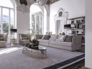 Clivio canapé design haut de gamme par Vittoria Frigerio au style contemporain et raffiné, avec détails dorés et finitions artisanales d’exception. Disponible chez D-Style Interior.