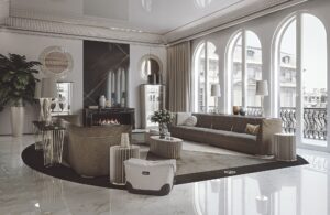 Alfieri console haut de gamme par Vittoria Frigerio avec base métallique sculpturale et plateau en marbre élégant. Disponible chez D-Style Interior.