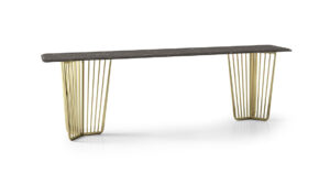 Alfieri console haut de gamme par Vittoria Frigerio avec base métallique sculpturale et plateau en marbre élégant. Disponible chez D-Style Interior.