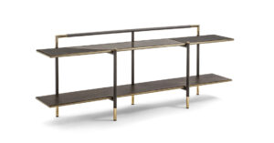 Araldo console haut de gamme par Vittoria Frigerio, alliant cuir, bois bronze patiné et inserts en grès effet marbre. Disponible chez D-Style Interior.