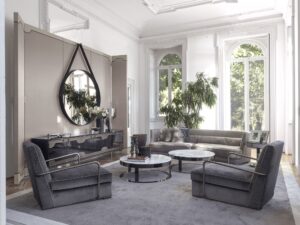 Greppi canapé design haut de gamme par Vittoria Frigerio, un canapé modulaire élégant et raffiné aux détails matelassés distinctifs. Disponible chez D-Style Interior.