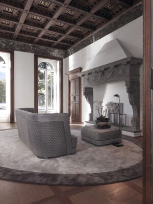 Greppi High Capitonné canapé design haut de gamme par Vittoria Frigerio, au dossier capitonné à la main de 88 cm et structure géométrique élégante. Disponible chez D-Style Interior.