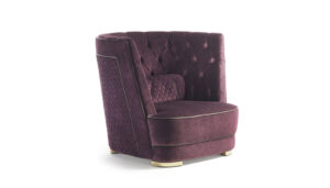 Greppi Capitonné fauteuil design haut de gamme par Vittoria Frigerio, avec dossier et accoudoirs capitonnés à la main. Disponible chez D-Style Interior.