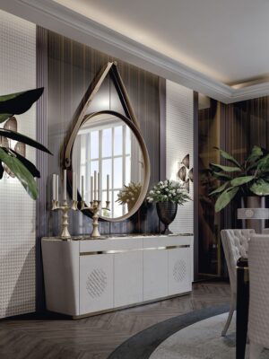 Palladio miroir par Vittoria Frigerio avec sangle en cuir, cadre métallique et verre bronzé chanfreiné. Disponible chez D-Style Interior.