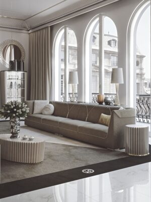 Patrizi tapis design haut de gamme en laine avec motif contrasté et logo VF en finition bijou. Disponible chez D-Style Interior.