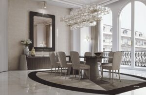 Patrizi tapis design haut de gamme en laine avec motif contrasté et logo VF en finition bijou. Disponible chez D-Style Interior.