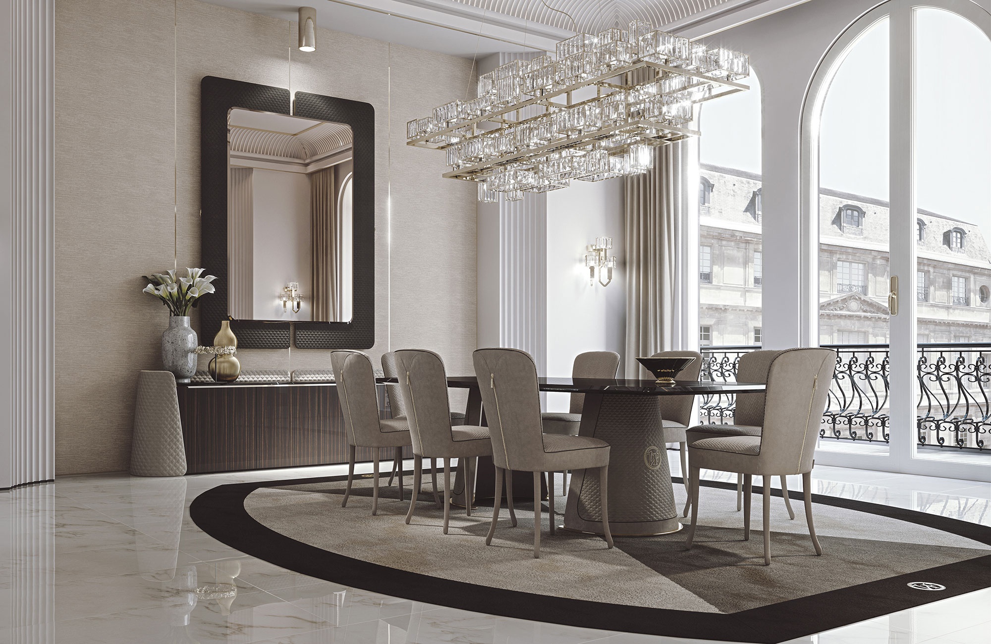 Patrizi tapis design haut de gamme en laine avec motif contrasté et logo VF en finition bijou. Disponible chez D-Style Interior.