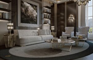 Pisani tapis design haut de gamme en laine tuftée avec cadre contrasté, logo VF et option franges. Disponible chez D-Style Interior.