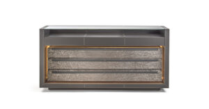 Lanza commode design haut de gamme en cuir avec finitions bois nobles et caisson en verre éclairé. Disponible chez D-Style Interior.