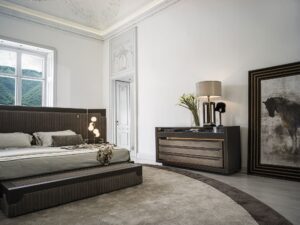 Lanza commode design haut de gamme en cuir avec finitions bois nobles et caisson en verre éclairé. Disponible chez D-Style Interior.