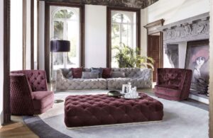 Greppi Capitonné fauteuil design haut de gamme par Vittoria Frigerio, avec dossier et accoudoirs capitonnés à la main. Disponible chez D-Style Interior.