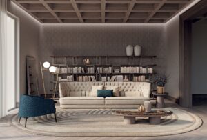 Greppi High Capitonné canapé design haut de gamme par Vittoria Frigerio, au dossier capitonné à la main de 88 cm et structure géométrique élégante. Disponible chez D-Style Interior.