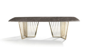 Alfieri table design haut de gamme par Vittoria Frigerio avec plateau en marbre biseauté et piétement métallique graphique. Disponible chez D-Style Interior.