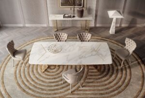 Alfieri table design haut de gamme par Vittoria Frigerio avec plateau en marbre biseauté et piétement métallique graphique. Disponible chez D-Style Interior.