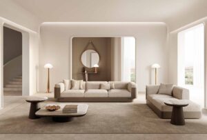 Necchi canapé design haut de gamme par Vittoria Frigerio, une pièce modulaire au style architectural et raffiné, associant cuir, confort et élégance contemporaine. Disponible chez D-Style Interior.