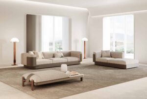 Necchi canapé design haut de gamme par Vittoria Frigerio, une pièce modulaire au style architectural et raffiné, associant cuir, confort et élégance contemporaine. Disponible chez D-Style Interior.