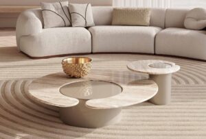 Leni table basse design en bois laqué brillant et marbre par Vittoria Frigerio. Élégante, contemporaine et personnalisable. Disponible chez D-Style Interior.