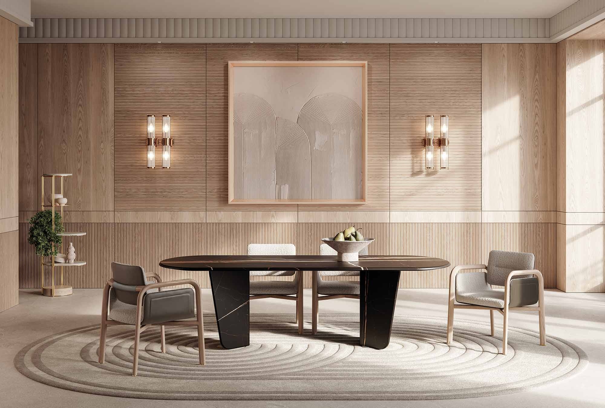 Monroy table haut de gamme en marbre avec pieds en voiles inversées et inserts métalliques contrastés. Élégante, géométrique et raffinée. Disponible chez D-Style Interior.