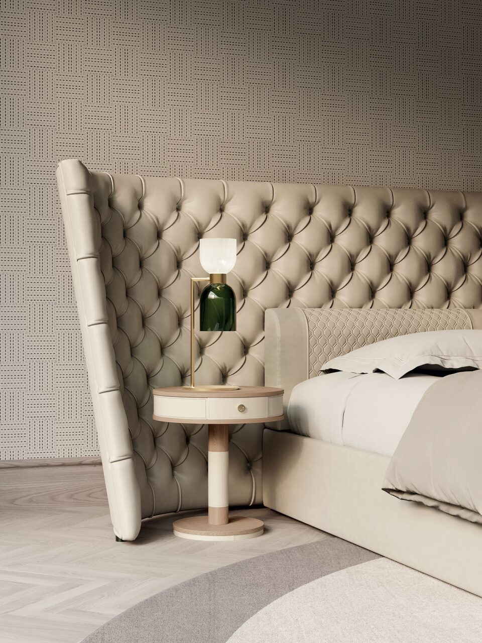 Salis table de chevet design haut de gamme en bois plaqué avec insert en cuir Cuoio et poignée logo VF. Disponible chez D-Style Interior.