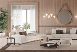 Araldo table basse design haut de gamme en cuir cuoio, bois laqué Bronze Patiné et inserts en grès effet marbre. Disponible chez D-Style Interior.