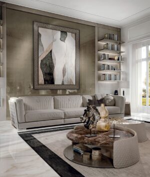 Contarini table basse de Vittoria Frigerio avec structure en cuir ou tissu, plateau en marbre et finitions haut de gamme. Disponible chez D-Style Interior.