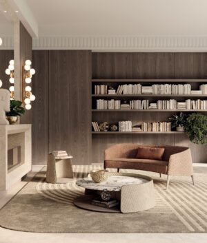 Contarini table basse de Vittoria Frigerio avec structure en cuir ou tissu, plateau en marbre et finitions haut de gamme. Disponible chez D-Style Interior.