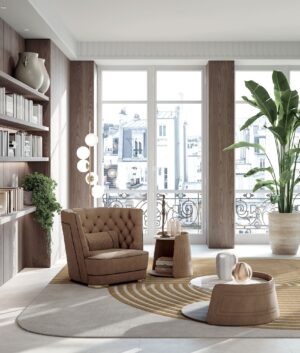 Contarini table basse de Vittoria Frigerio avec structure en cuir ou tissu, plateau en marbre et finitions haut de gamme. Disponible chez D-Style Interior.