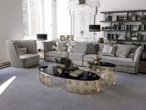 Este table basse design haut de gamme avec base métallique découpée au laser et plateau en marbre. Disponible chez D-Style Interior.