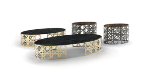 Este table basse design haut de gamme avec base métallique découpée au laser et plateau en marbre. Disponible chez D-Style Interior.