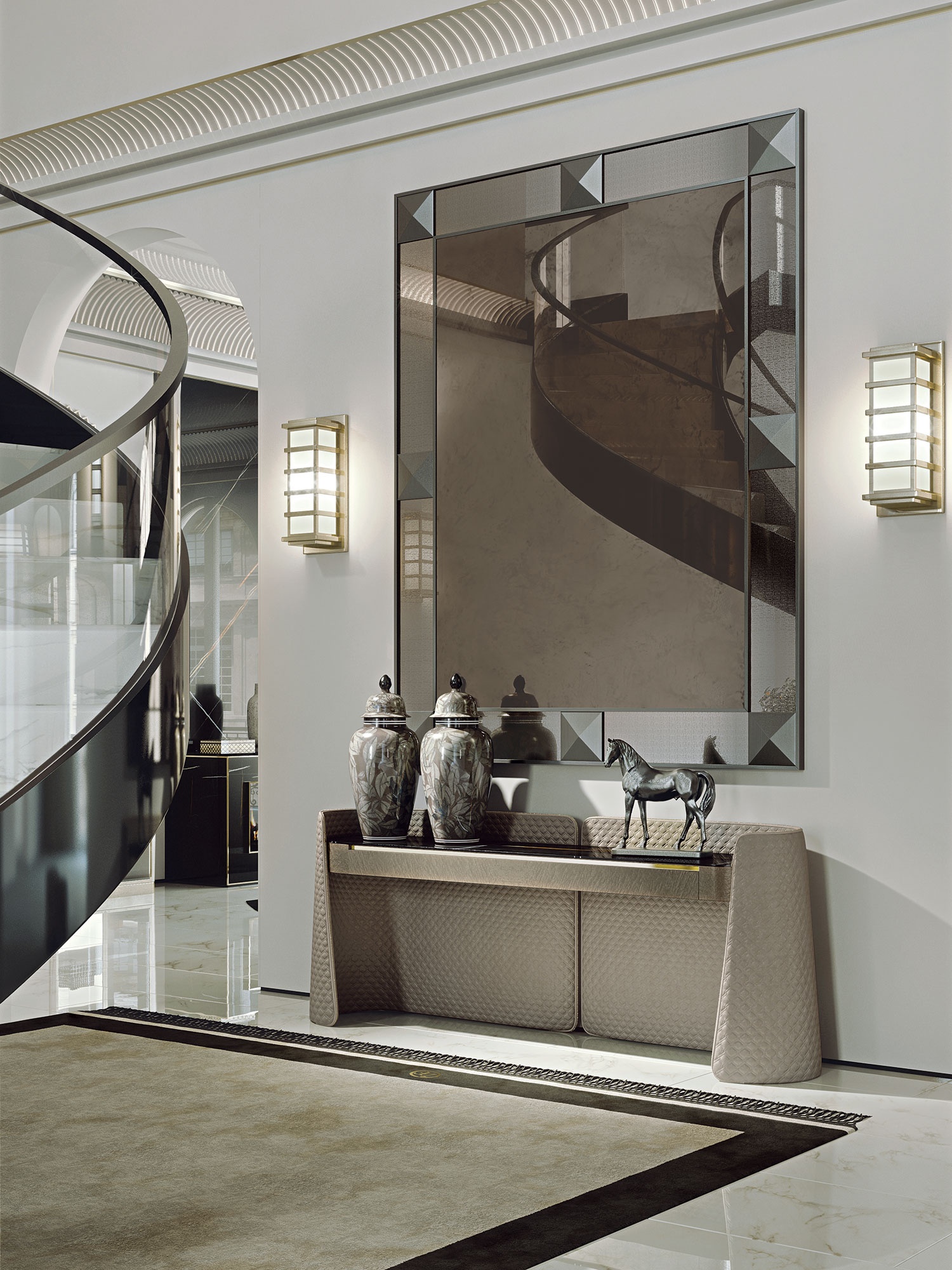 Contarini console de Vittoria Frigerio, un meuble d’exception avec quilting luxueux, marbre raffiné et nombreuses finitions. Disponible chez D-Style Interior.