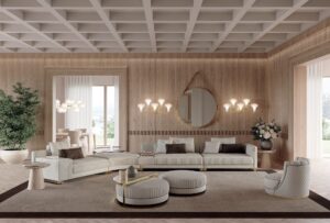 Brandolini canapé design haut de gamme par Vittoria Frigerio, avec surpiqûres verticales raffinées et finitions luxueuses. Disponible chez D-Style Interior.