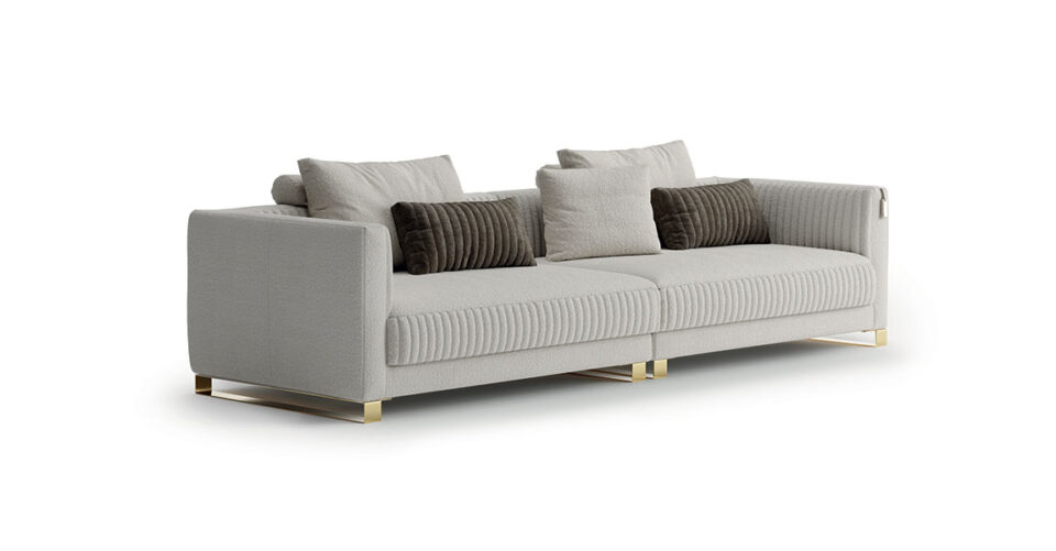 Brandolini canapé design haut de gamme par Vittoria Frigerio, avec surpiqûres verticales raffinées et finitions luxueuses. Disponible chez D-Style Interior.