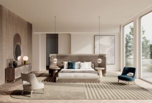 Corio Lit design haut de gamme signé Vittoria Frigerio, avec tête de lit architecturale façon paravent, inserts en cuir Cuoio et cadre raffiné. Disponible chez D-Style Interior.