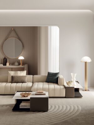 Brivio table basse design haut de gamme avec structure en cuir, plateau en marbre et étagère en verre noir. Disponible chez D-Style Interior.