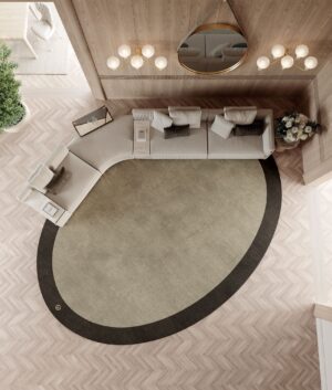 Pisani tapis design haut de gamme en laine tuftée avec cadre contrasté, logo VF et option franges. Disponible chez D-Style Interior.