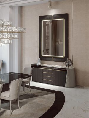 Contarini miroir par Vittoria Frigerio, cadre Bronze Patiné, revêtement tissu ou cuir et éclairage LED intégré. Disponible chez D-Style Interior.